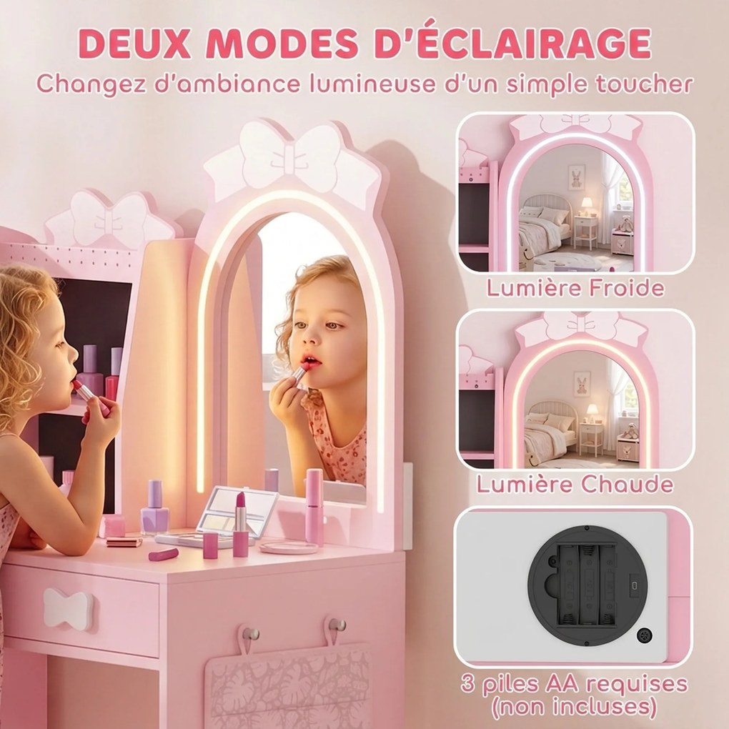 Toucador Infantil com Banco, 92 x 36 x 103,3 cm, Design 3 em 1, Cor-de-rosa