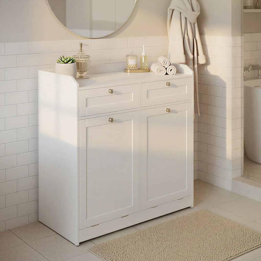 Armário de casa de banho, com 2 cestos de roupa suja removíveis 40 x 78,8 x 80 cm e 2 gavetas Branco