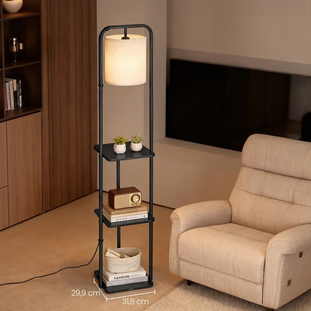 Candeeiro de pé com 3 prateleiras 29,9 x 31,8 x 160,5 cm, equipado com uma lâmpada LED e interruptor de pé, preto