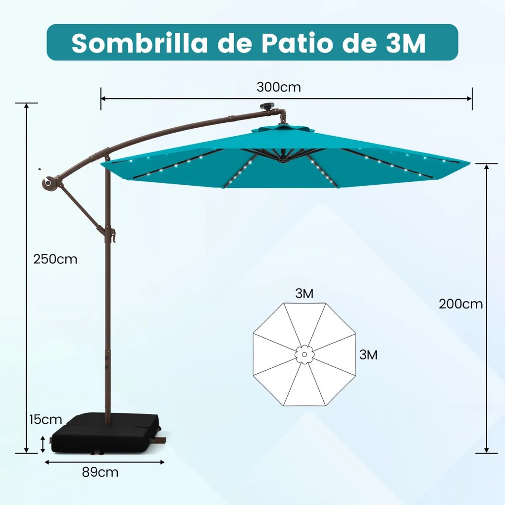 Guarda-sol de 3m com pega 32 luzes LED Painel solar com base de saco de areia pátio jardim piscina Turquesa