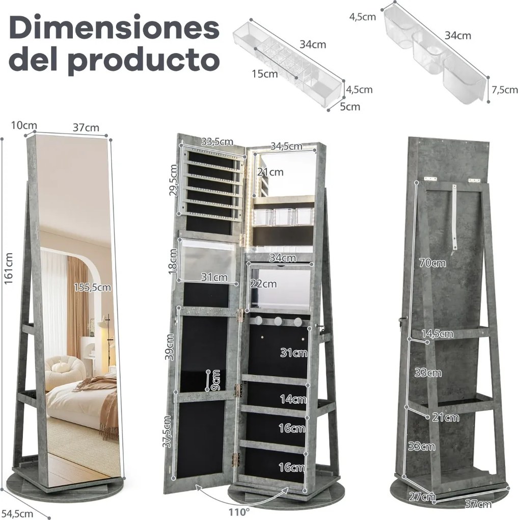 Armário giratório para joias 360° com espelho de corpo inteiro e luzes LED de 3 cores com fechadura Organizador de joias esverdeado