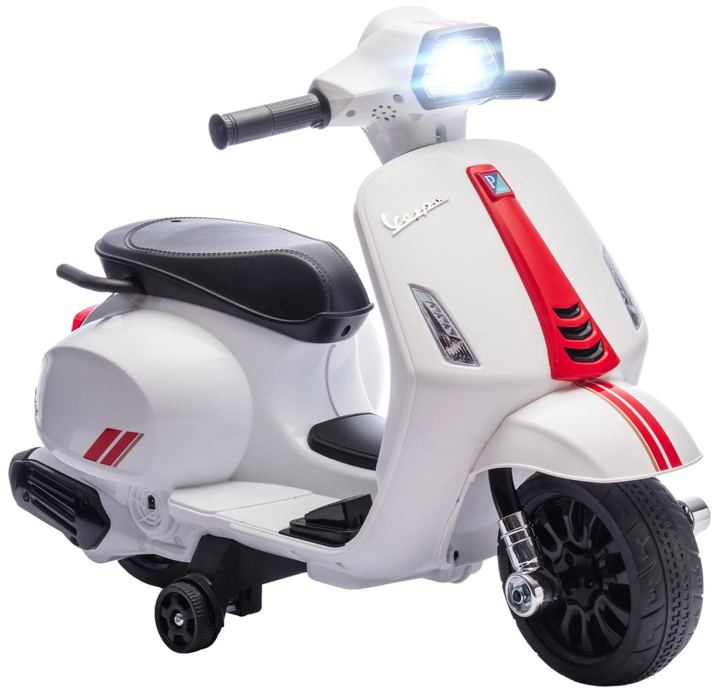 Mota Elétrica para Crianças 6V com Licença Vespa Rodas Auxiliares Velocidade de 2,5km/h Farol e Buzina 71x37x52 cm Branco