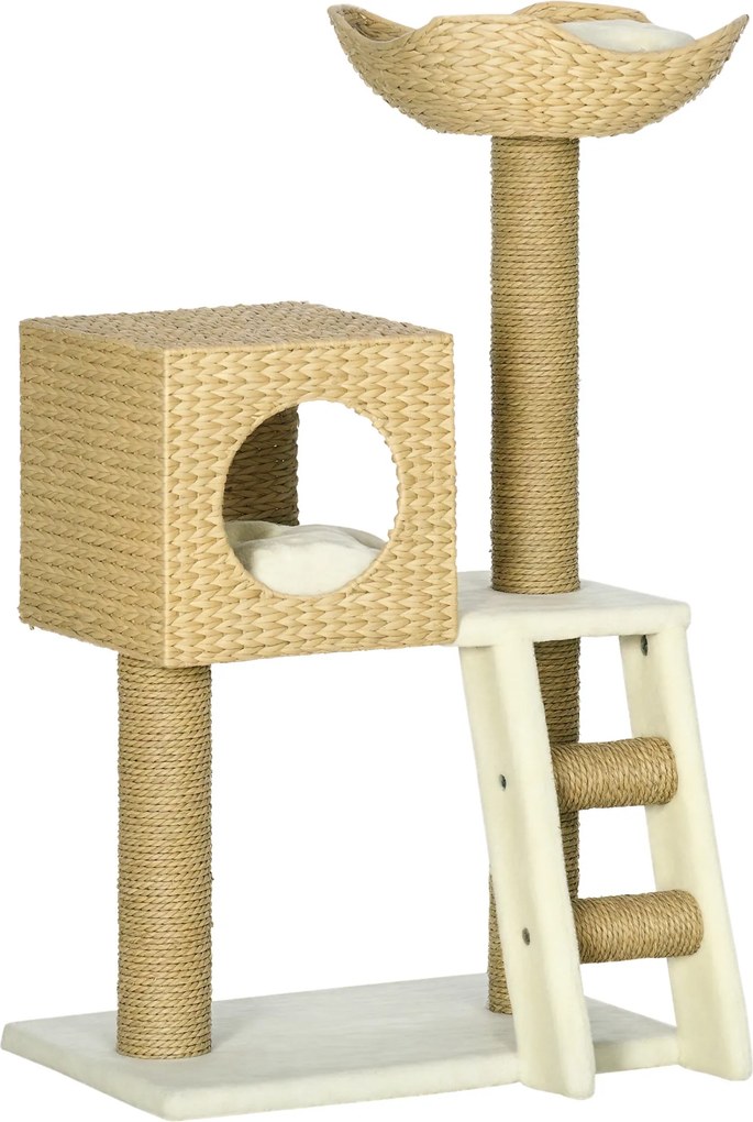 PawHut Arranhador para Gatos Arranhador para Gatos com Cama Superior Caverna 2 Almofadas 2 Postes Escada 57x37x100,5cm Bege | Aosom Portugal