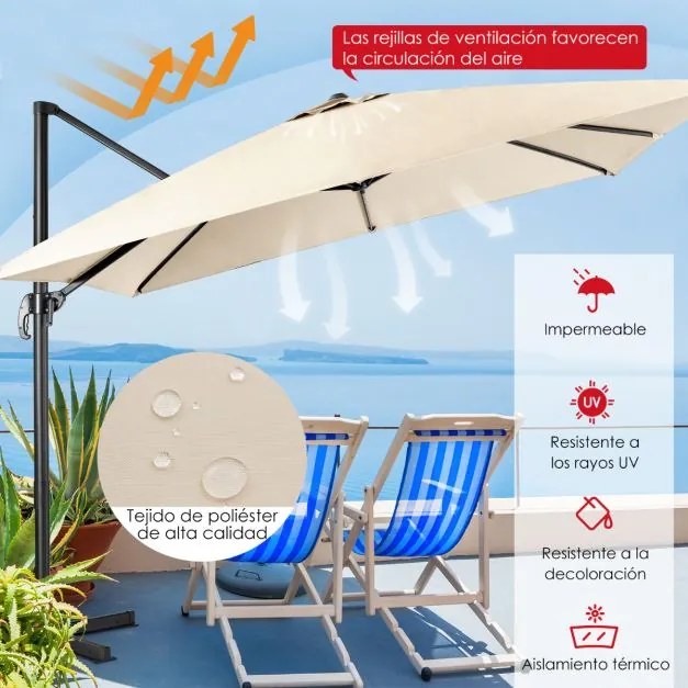 Guarda-sol 300 cm para jardim com manivela, 3 inclinações, rotação de 360°, 8 varas, base cruzada Bege