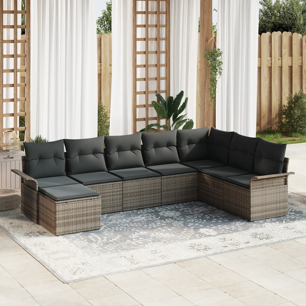 vidaXL Conjunto de Sofá de Jardim com 8 Peças e Almofadas Cinzas em Vime Poliéster