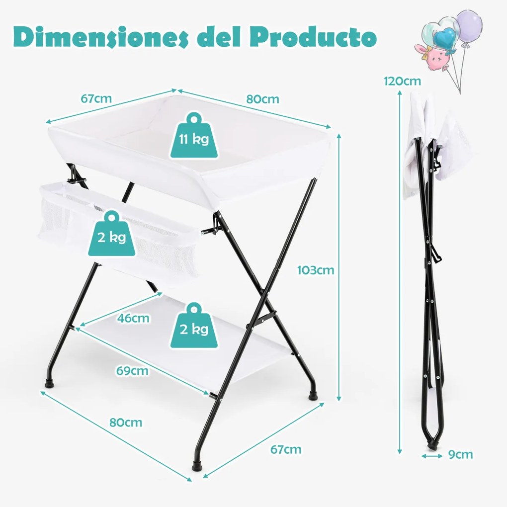 Trocador de Fraldas para bebé dobrável portátil com cesto de fraldas de 3 compartimentos e prateleira para bebês 80 x 63 x 103 cm Branco