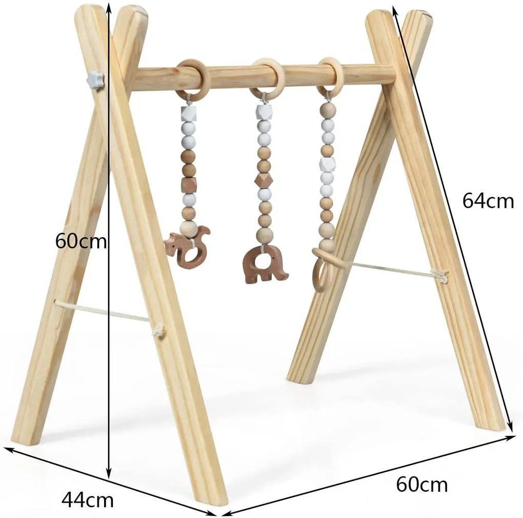 Ginásio para bebés com brinquedos para a dentição Desenvolvimento cerebral dobrável em madeira para crianças +3 meses 66 x 40 x 60 cm Natural