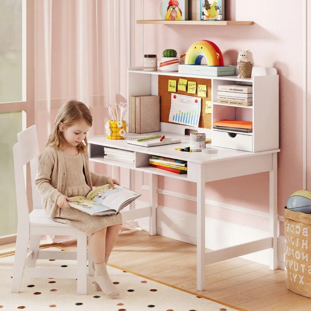 Conjunto de secretária e cadeira infantil em madeira com prateleira de cortiça, estação de computador para quarto, escola, branco