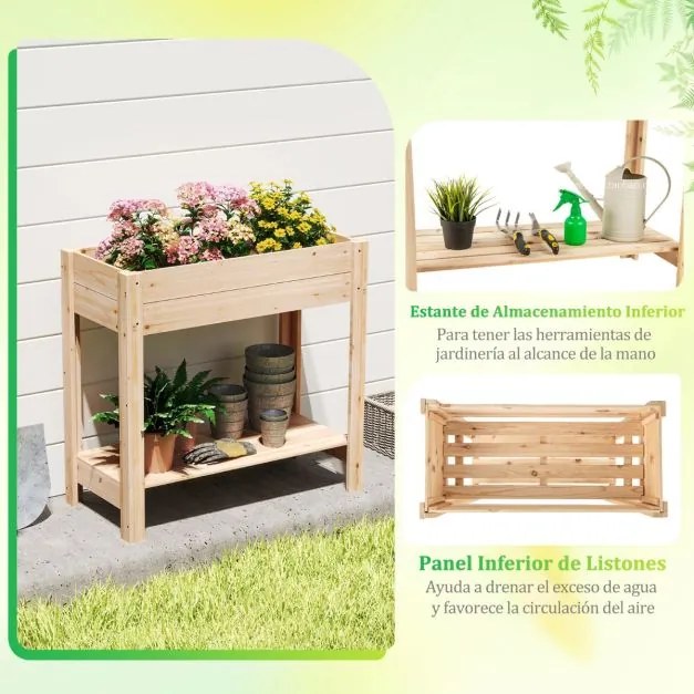 Floreira de jardim elevada em madeira 81 x 38 x 77 cm com pés com prateleira de arrumação Drenagem Jardinagem interior e exterior Madeira