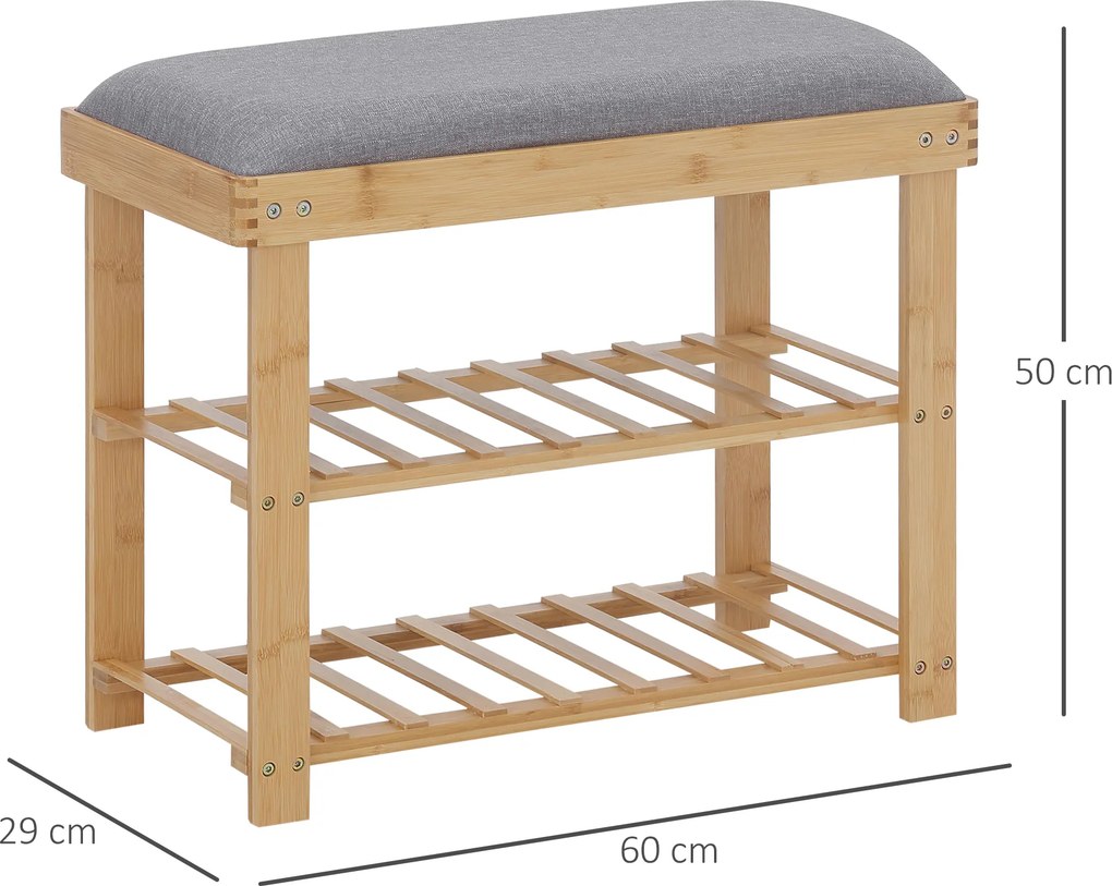 Banco para sapatos 60 x 29 x 50 cm com 2 prateleiras e almofada cinzenta integrada em bambu