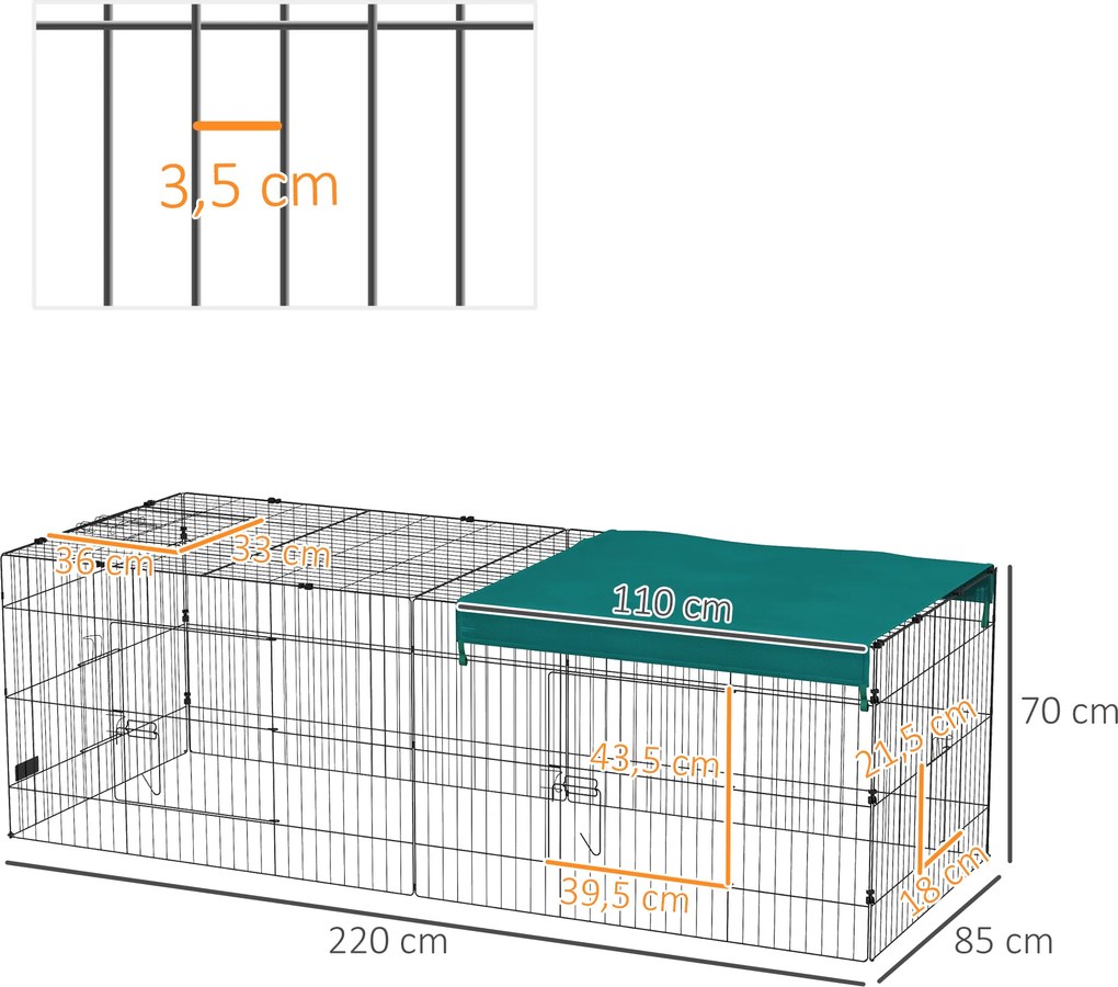 Recinto modular em aço com lona para coelhos, roedores e pequenos animais, para interior e exterior, 220 x 85 x 70 cm, verde