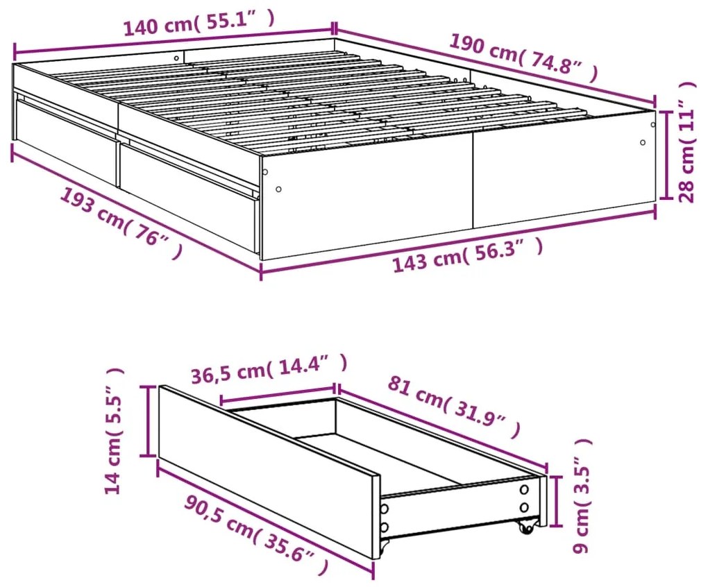 Estrutura de cama c/ gavetas 140x190cm derivados madeira branco