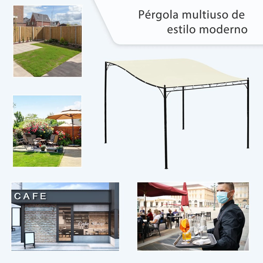 Pérgola de Jardim 3x3m Pérgola Montada na Parede com Toldo e 16 Orifícios de Drenagem Metal e Poliéster Creme