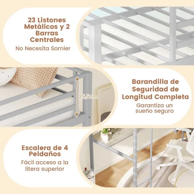 Cama alta 200 x 90 cm com secretária para crianças com estação de carregamento LED  de metal com corrimão e escada prata