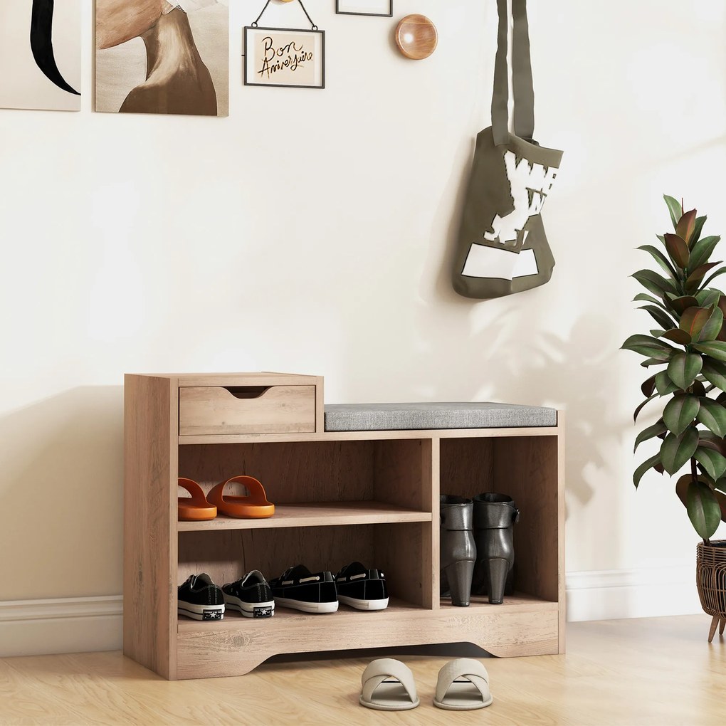 Banco para sapatos com 1 gaveta e 3 compartimentos, com almofada estofada com capacidade para 5 pares, 76,5 x 30 x 52 cm, cinzento