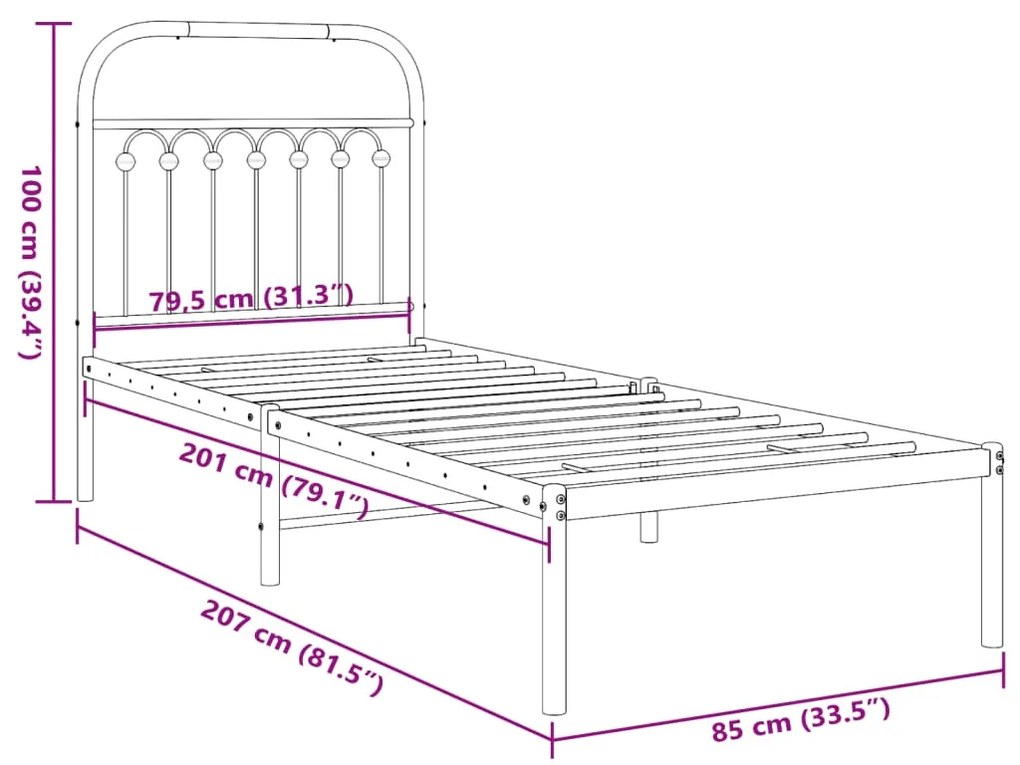 Estrutura de cama com cabeceira 80x200 cm metal preto