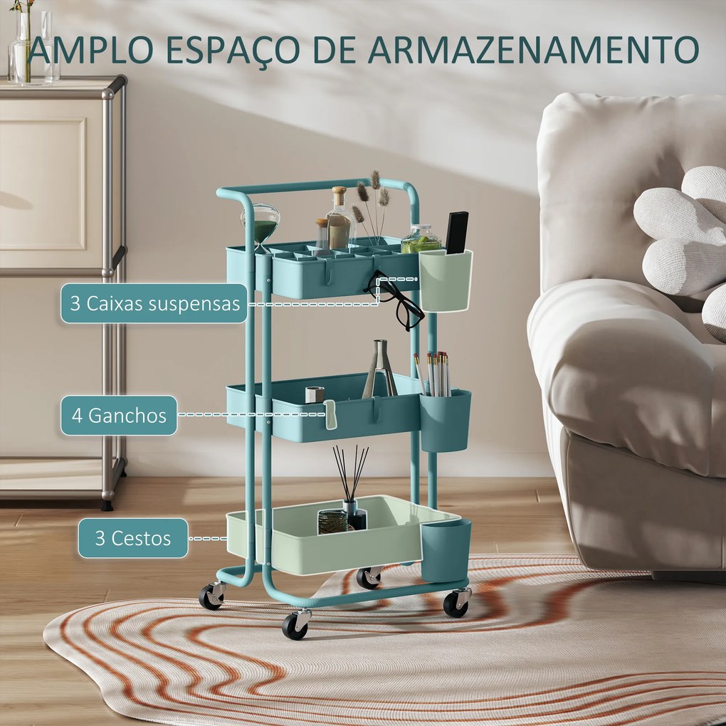 Carrinho de Cozinha de Armazenamento com 4 Ganchos 3 Cestas Removíveis 3 Caixas Suspensas 42x38x86,5cm Azul
