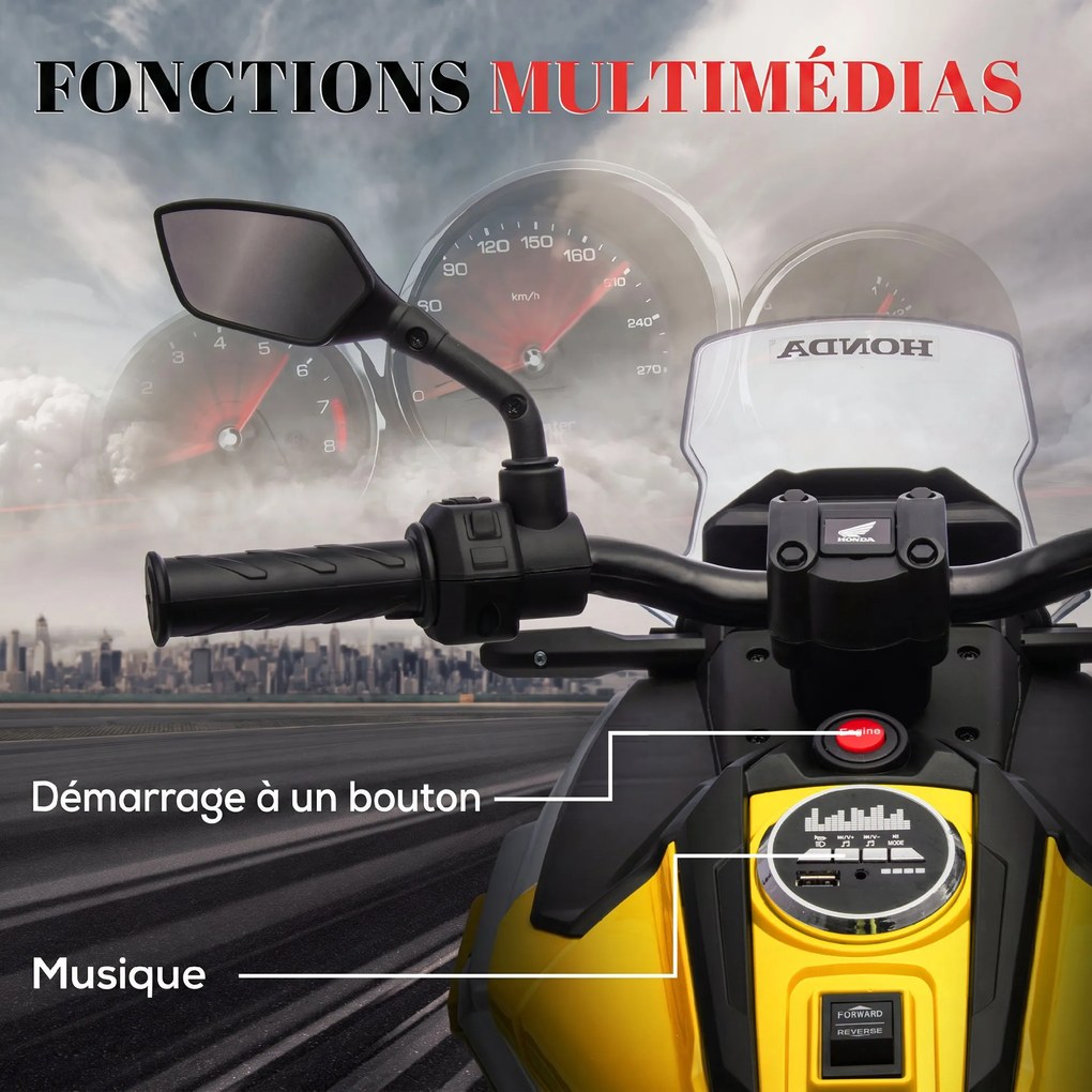 Moto Elétrica 12 V para Crianças 3-6 anos, 107 x 46 x 75 cm, Licenciada pela Honda Amarela