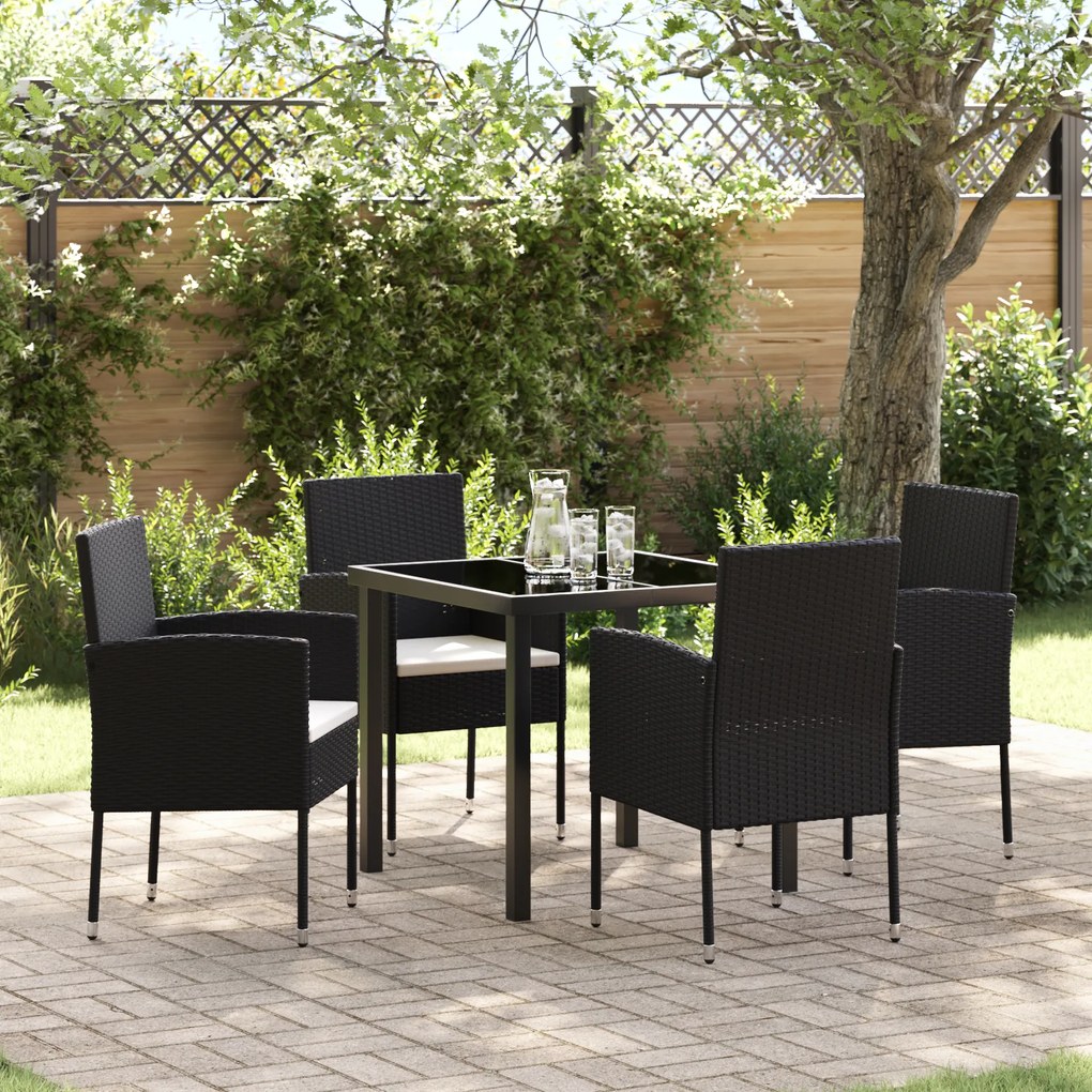 vidaXL Conjunto de Jantar de Jardim de 5 Peças com Almofadas de Vime Preto da