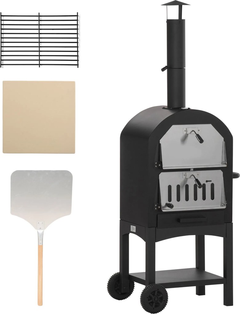 Forno de pizza exterior a carvão vegetal - Churrasqueira com rodas - Aço ao carbono preto-acinzentado