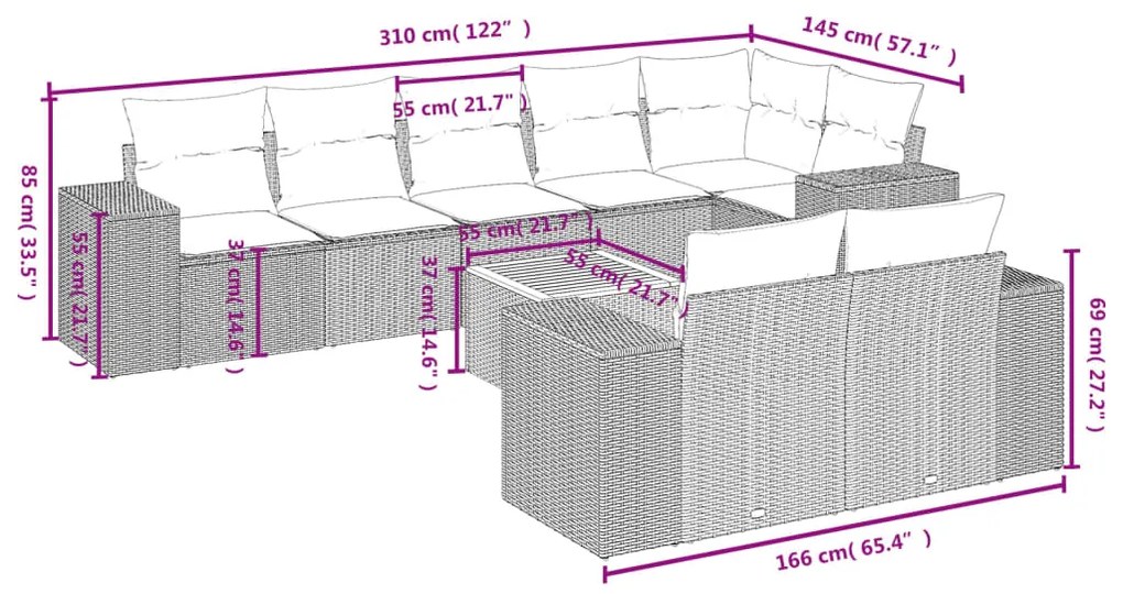 9 pcs conjunto de sofás p/ jardim com almofadões vime PE bege