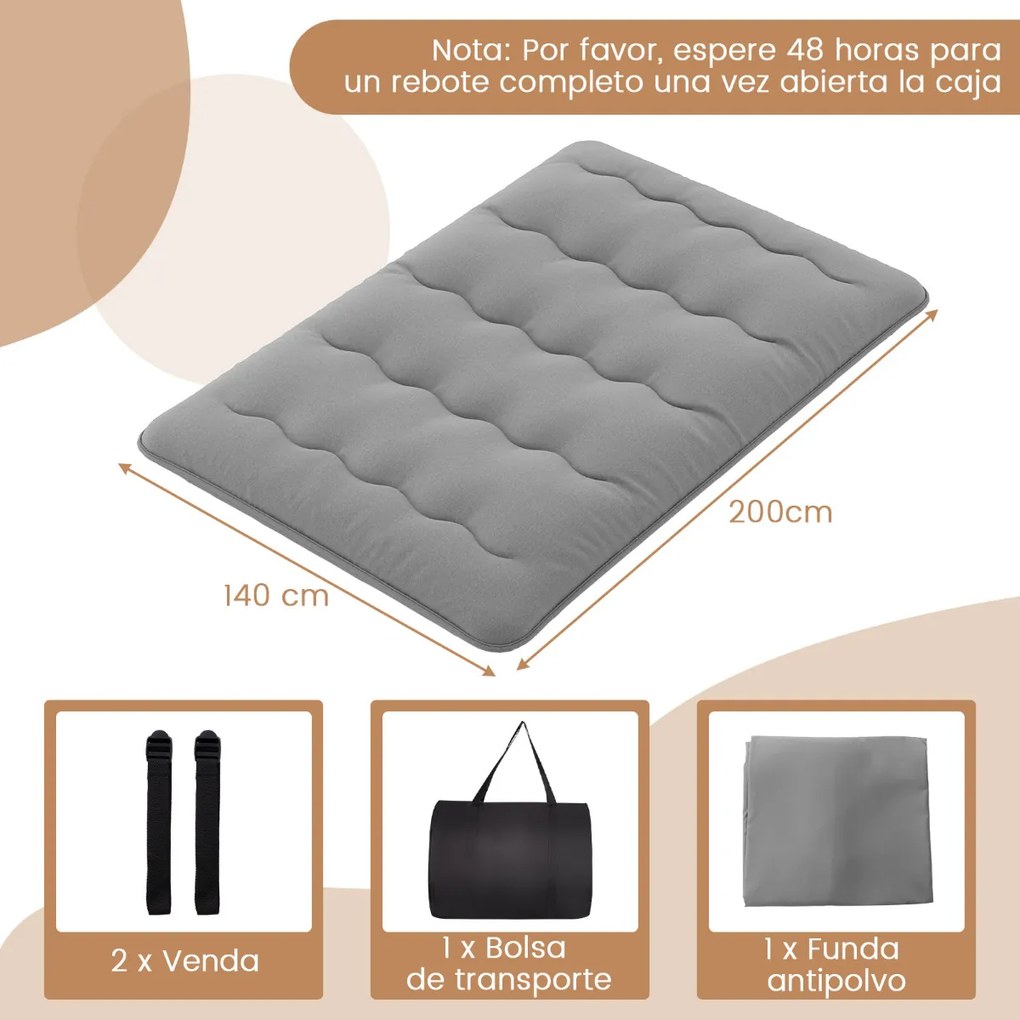 Colchão enrolável para o chão com capa lavável com bolsa de transporte 200 x 140 x 10 cm - cinzento