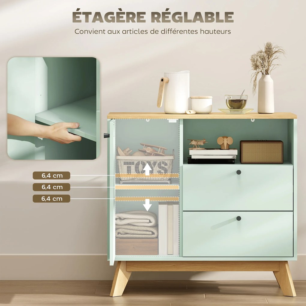 Aparador de sala 80 (L) x 35 (P) x 76,3 (A) cm, móvel de arrumação com porta, 2 gavetas, compartimento aberto e prateleira ajustável, verde claro e co