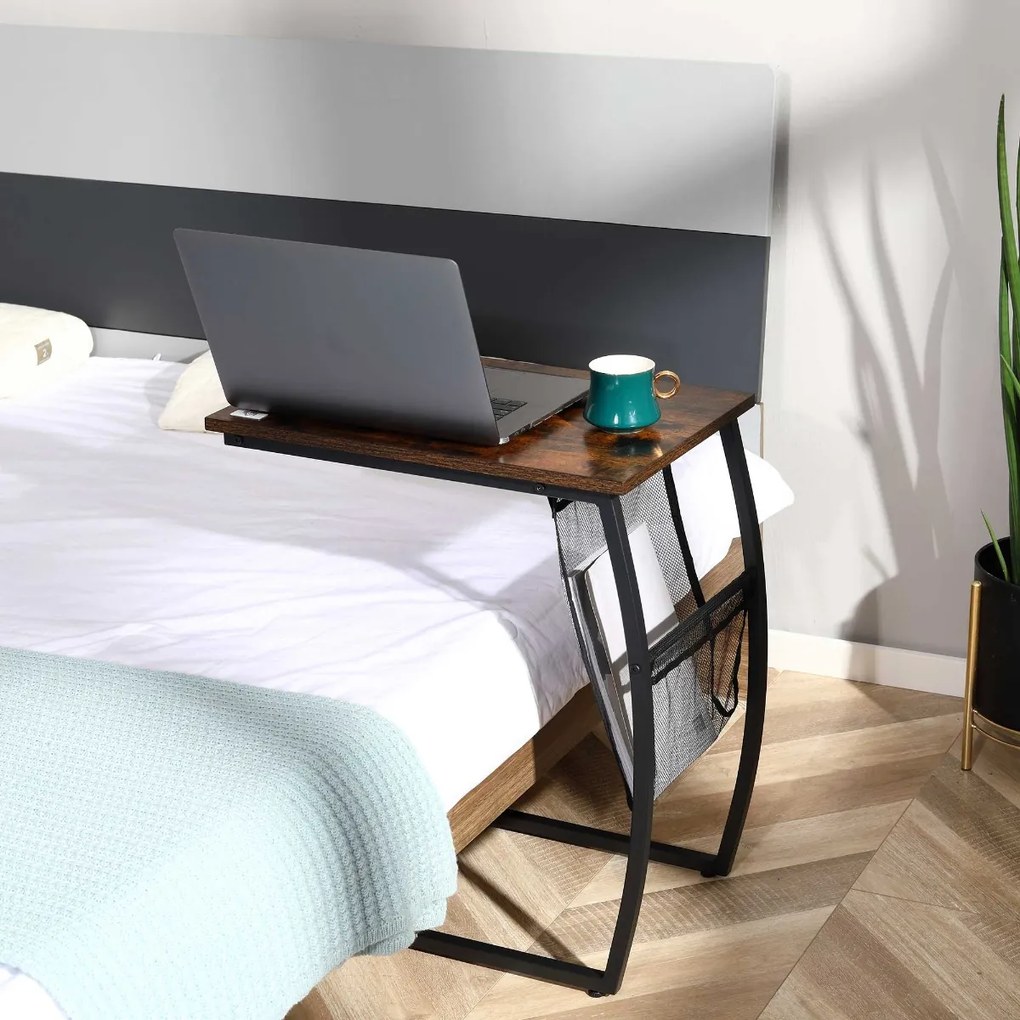 HOMCOM Mesa Auxiliar para Sofá e Cama em Forma de C com Bolso de Armazenamento Mesa Lateral de Estilo Industrial 53x35x64,5cm Marrom Rústico