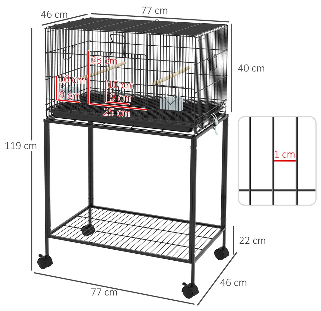 Gaiola para Pássaros com Rodas 77x46x119 cm Bandeja Amovível 2 Poleiros 2 Comedouros e Prateleira de Armazenamento Preto