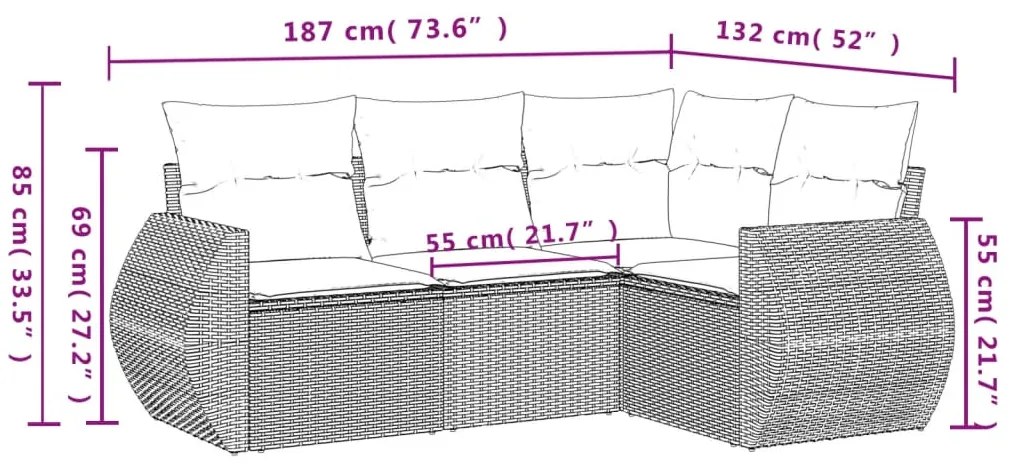 4 pcs conjunto de sofás para jardim c/ almofadões vime PE bege