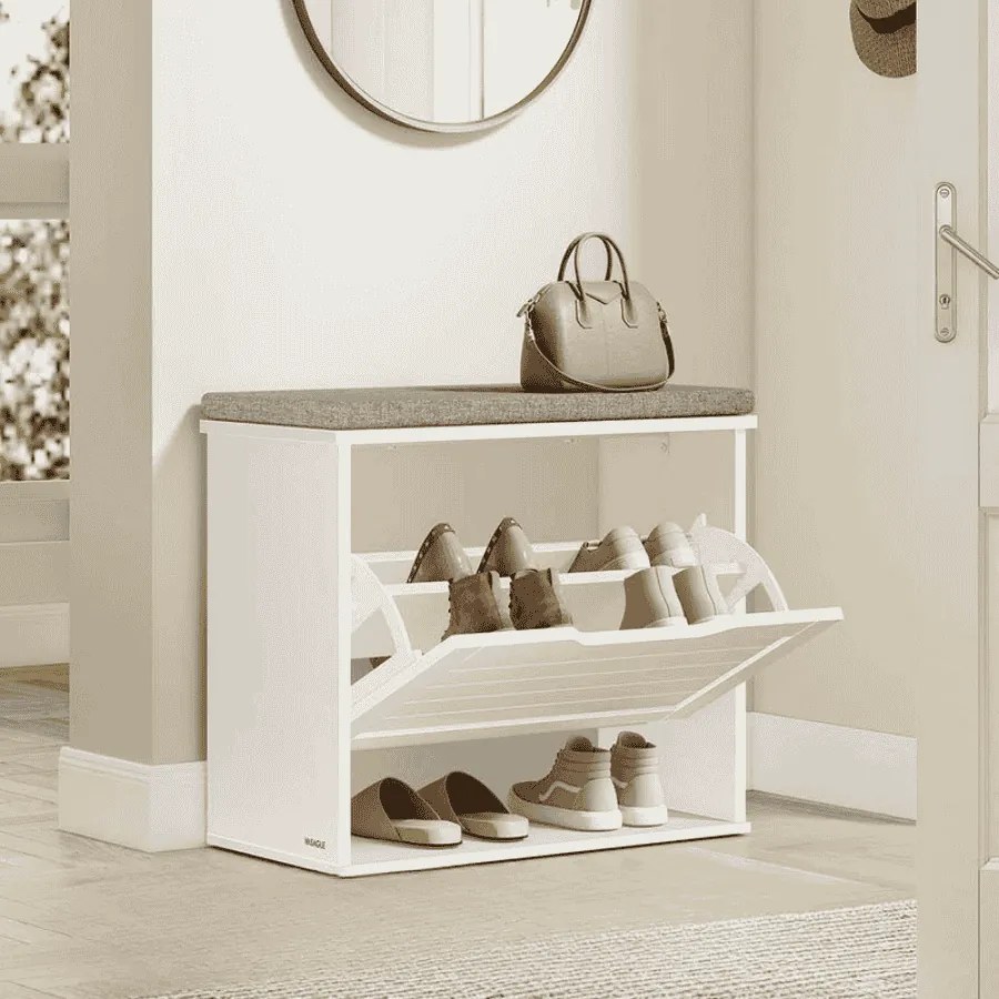 Banco para sapatos com almofada 30 x 60 x 53,5 cm, compartimento rebatível e divisória ajustável Branco-Cinzento