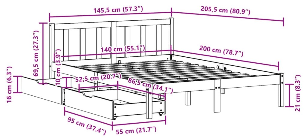 Cama sem colchão 140x200 cm madeira de pinho maciça