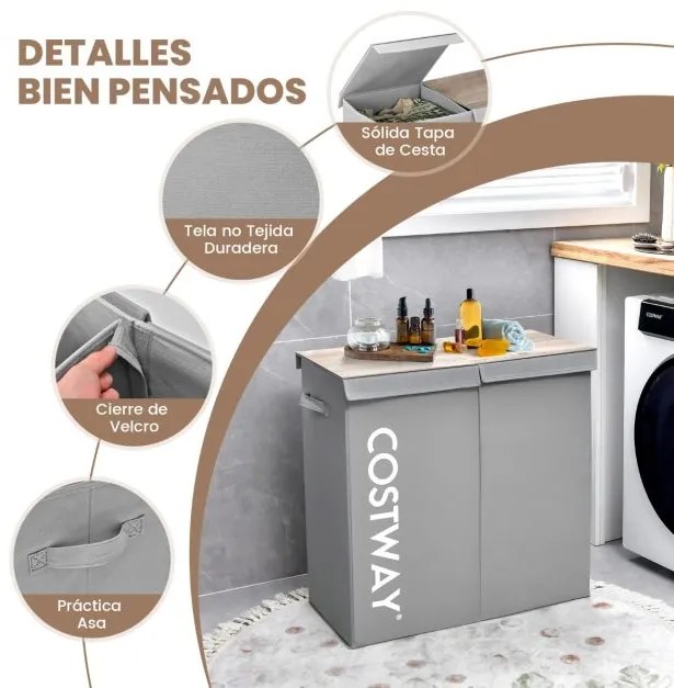 Cesto de Roupa suja com Tampa 115 L Cesto de Roupa com 2 Secções para Lavandaria Casa de Banho Quarto 62 x 31 x 60 cm Cinzento