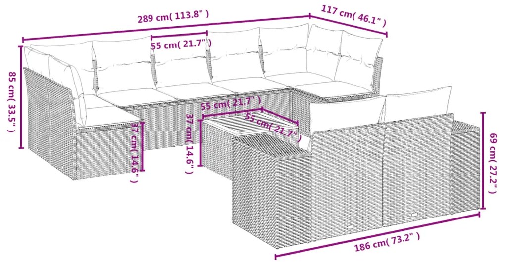 10 pcs conjunto sofás de jardim c/ almofadões vime PE preto