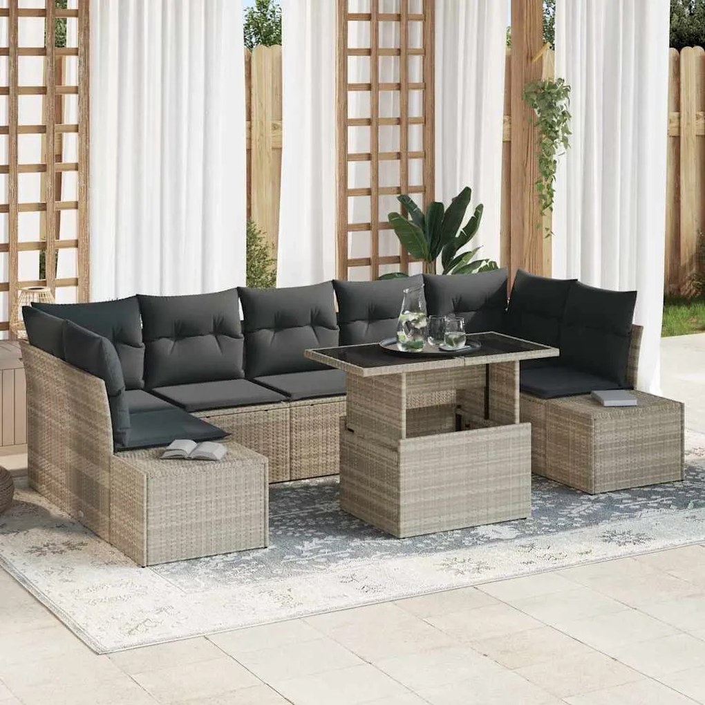 vidaXL Conjunto de Sofá de Jardim de 8 Peças com Almofadas Cinza Claro em Rattan Poliéster