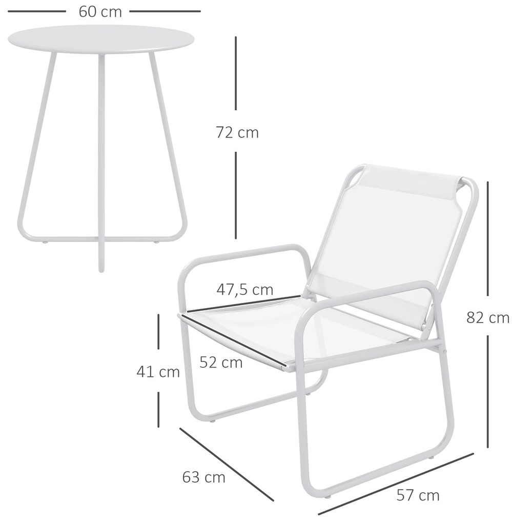 Conjunto de Móveis de Jardim com 1 Mesa Redonda e 2 Cadeiras Estrutura de Aço e Apoio para os Braços Branco