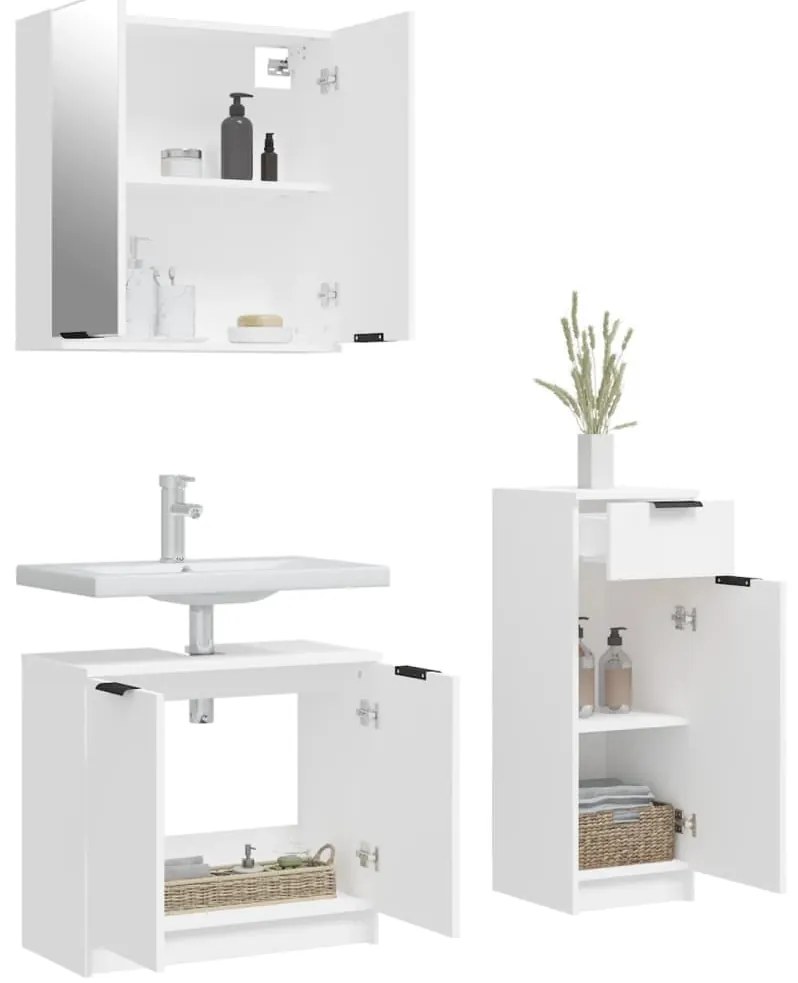 3 pcs conjunto móveis casa de banho madeira processada branco