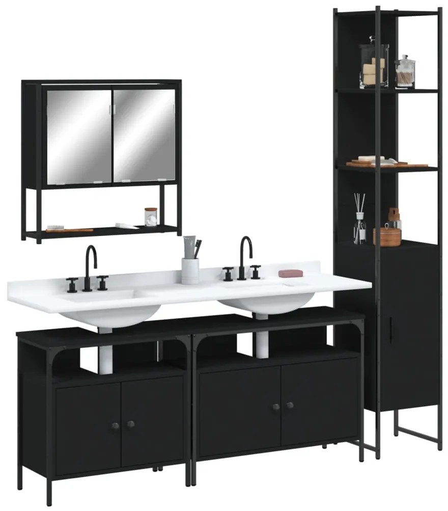 vidaXL 4 pcs conjunto móveis casa de banho derivados de madeira preto