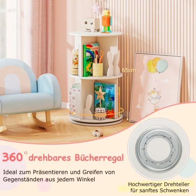 Estante giratória para crianças 40 x 40 x 65 cm Estante infantil com 2 níveis e separadores de coelhos 360 graus Branco