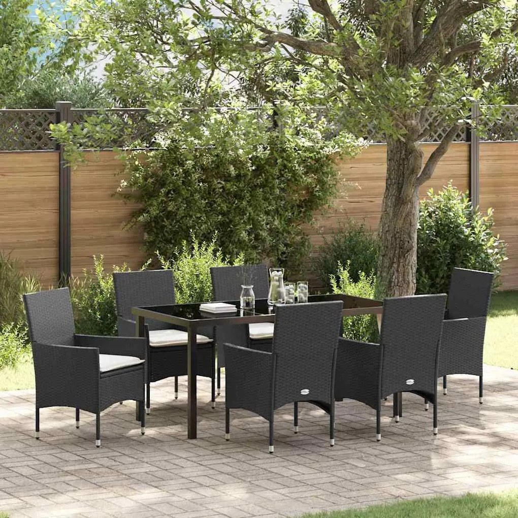 vidaXL Conjunto de Jantar de Jardim com 7 Peças e Almofadas - Rattan Preto Intercalado