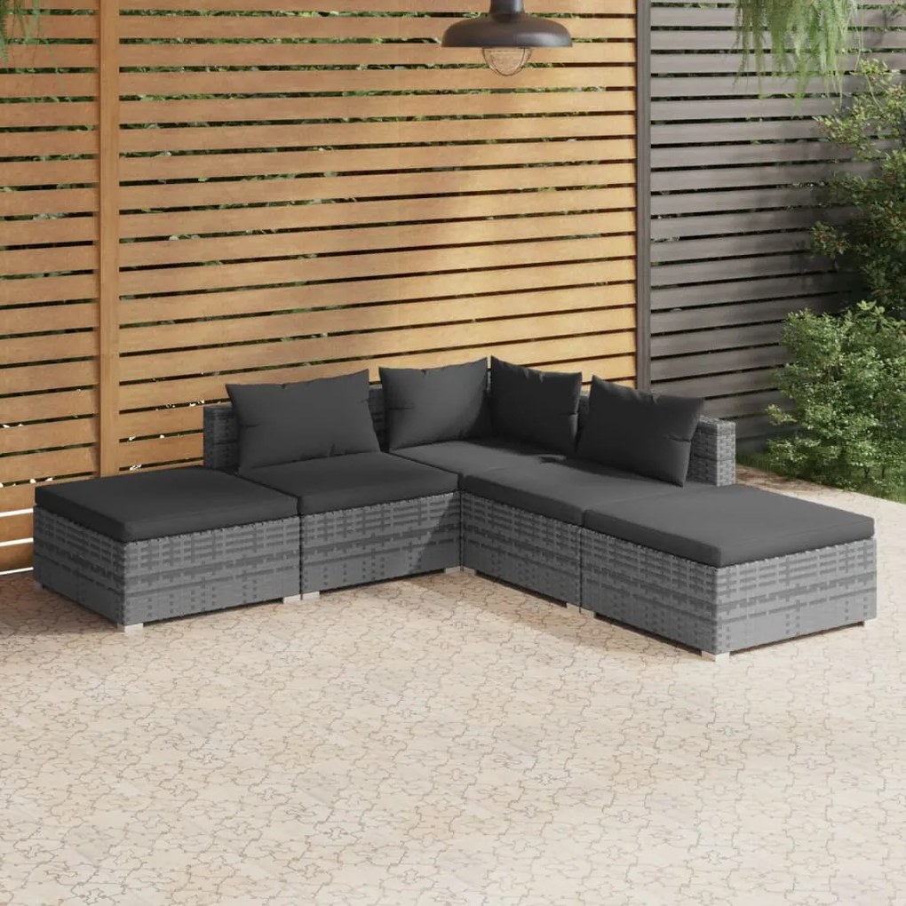 5 pcs conjunto lounge de jardim c/ almofadões vime PE cinzento