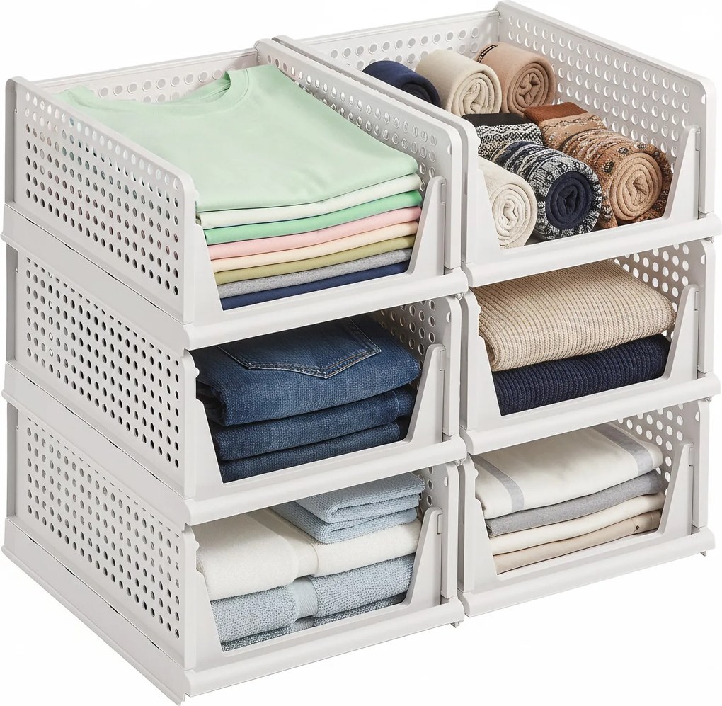 Conjunto de 6 cestos extensíveis dobráveis para armário, organizador empilhável para guarda-roupa brancos