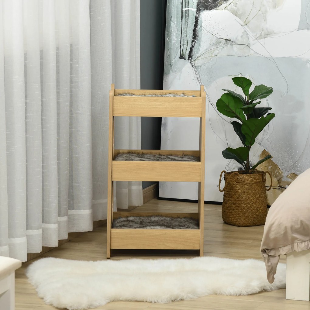 PawHut Cama para Gatos de 3 Níveis com Almofadas Removíveis e várias Entradas Móveis de atividades para gatos 50x43x74 cm Cor de madeira natural