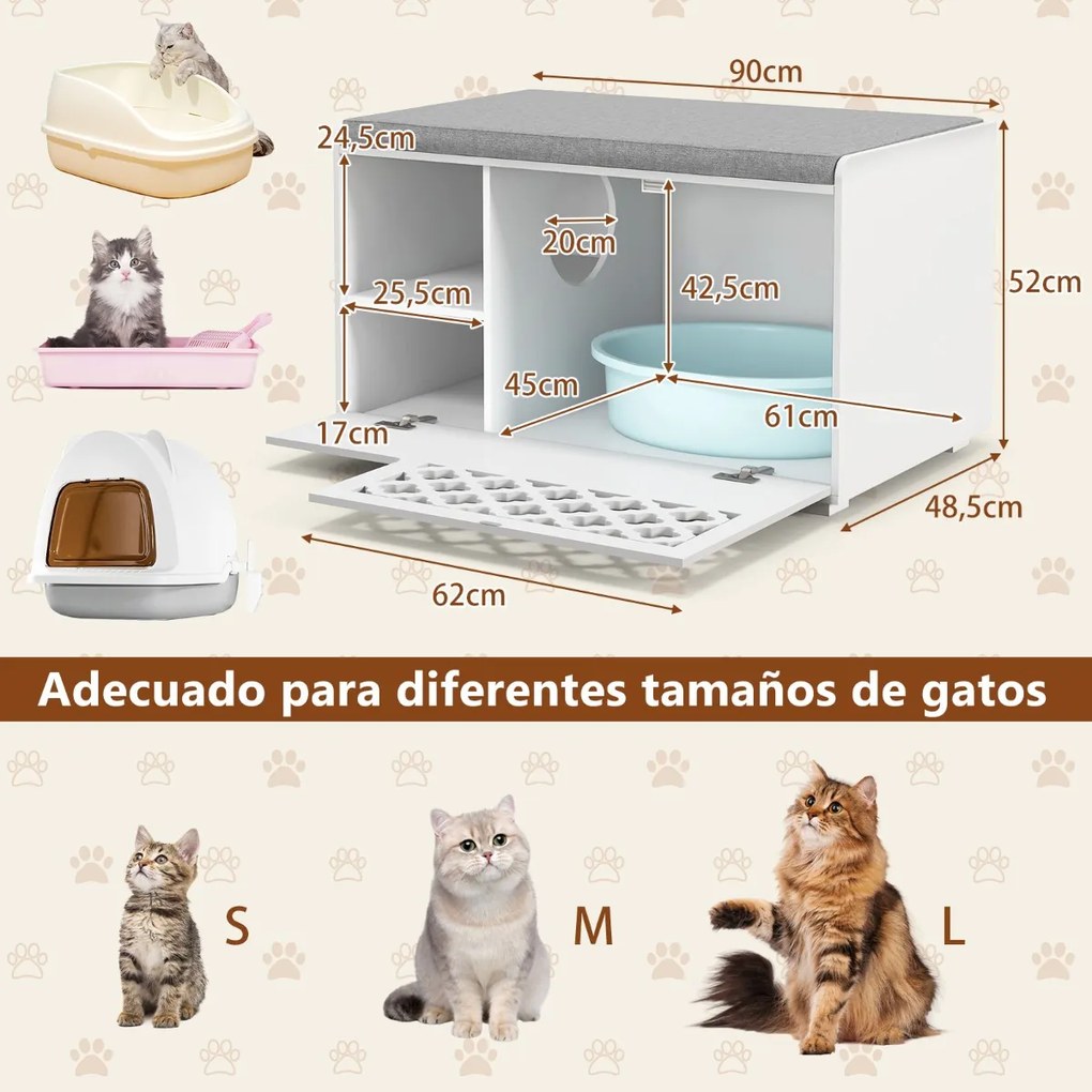 Banco para caixas de areia para gatos com almofada amovível 90 x 48,5 x 52 cm Branco