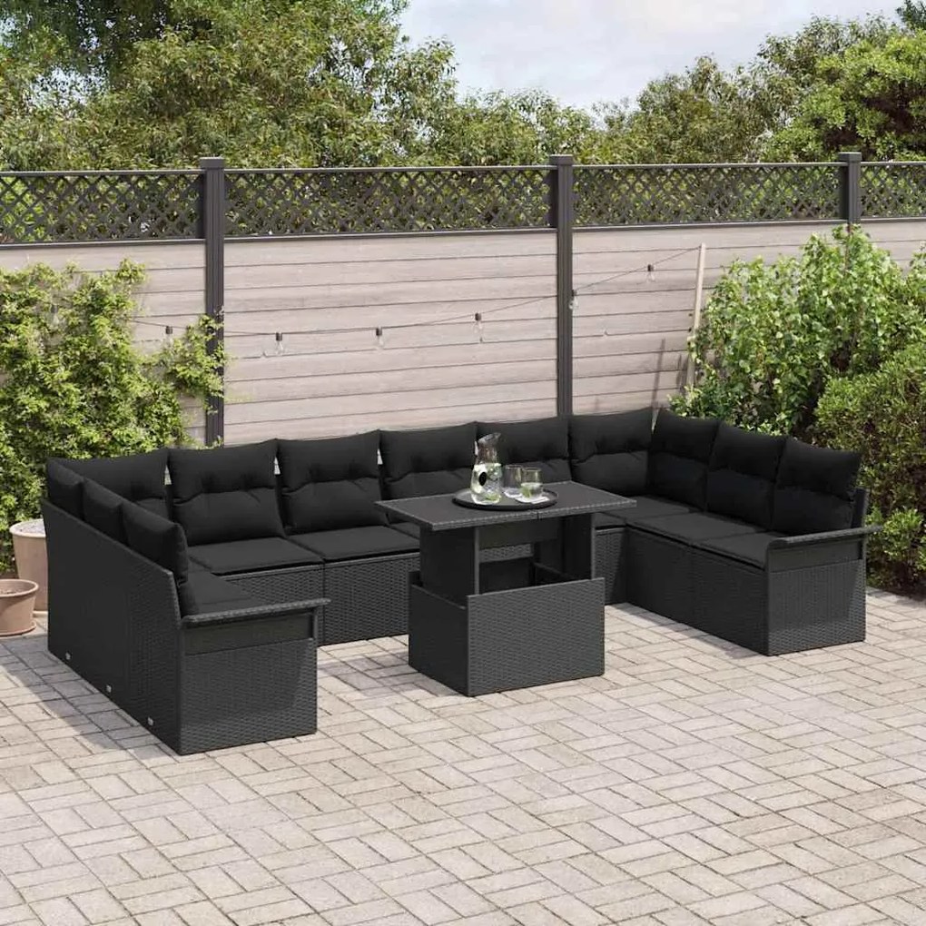Conjunto de sofá de jardim com 11 peças e almofadas em rattan preto.
