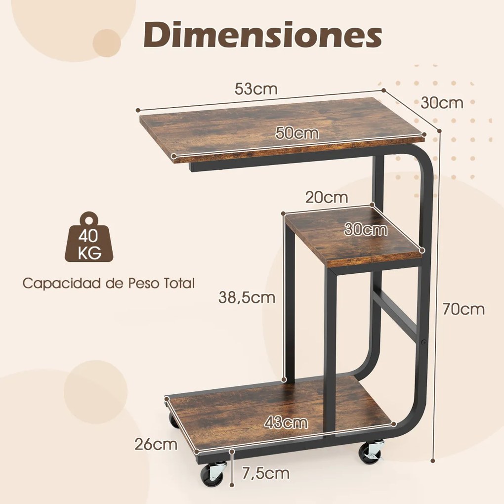 Mesa apoio em forma de C para sofá 53 x 30 x 70 cm com prateleiras abertas Mesa lateral industrial com rodas Castanho
