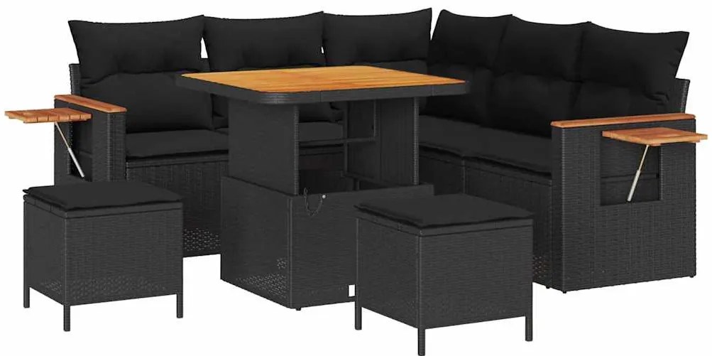 Conjunto de Sofá de Jardim de Oito Peças com Almofadas Preto Rattan PE