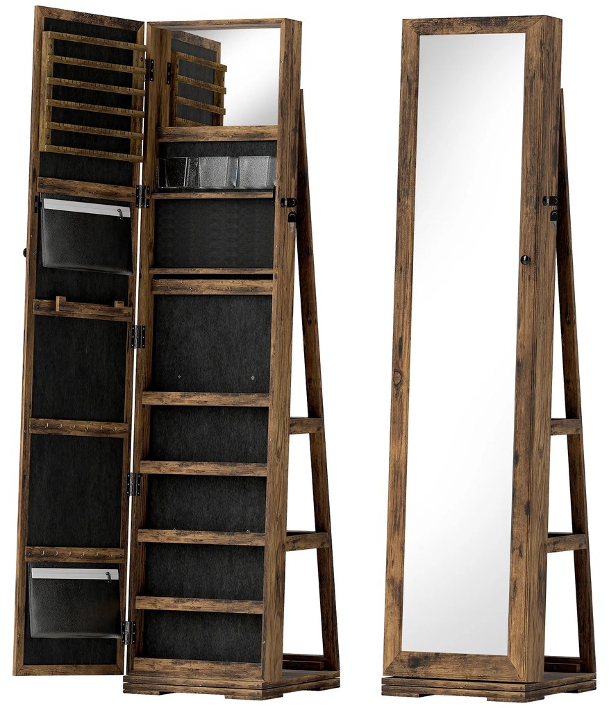 Joalheiro de Pé Armário para Jóias 360° com Fechadura e Espelho Incorporado Carga Máxima 20 kg 38x38x160 cm Castanho Rústico
