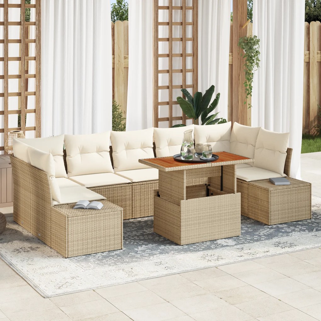 Conjunto de Sofás de Jardim de 8 Peças com Almofadas Bege Poliéster