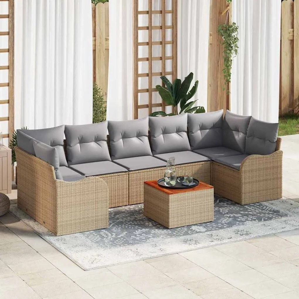 vidaXL Conjunto de Sofá de Jardim 8 Peças com Almofadas Bege em Polirattan e Acaracia